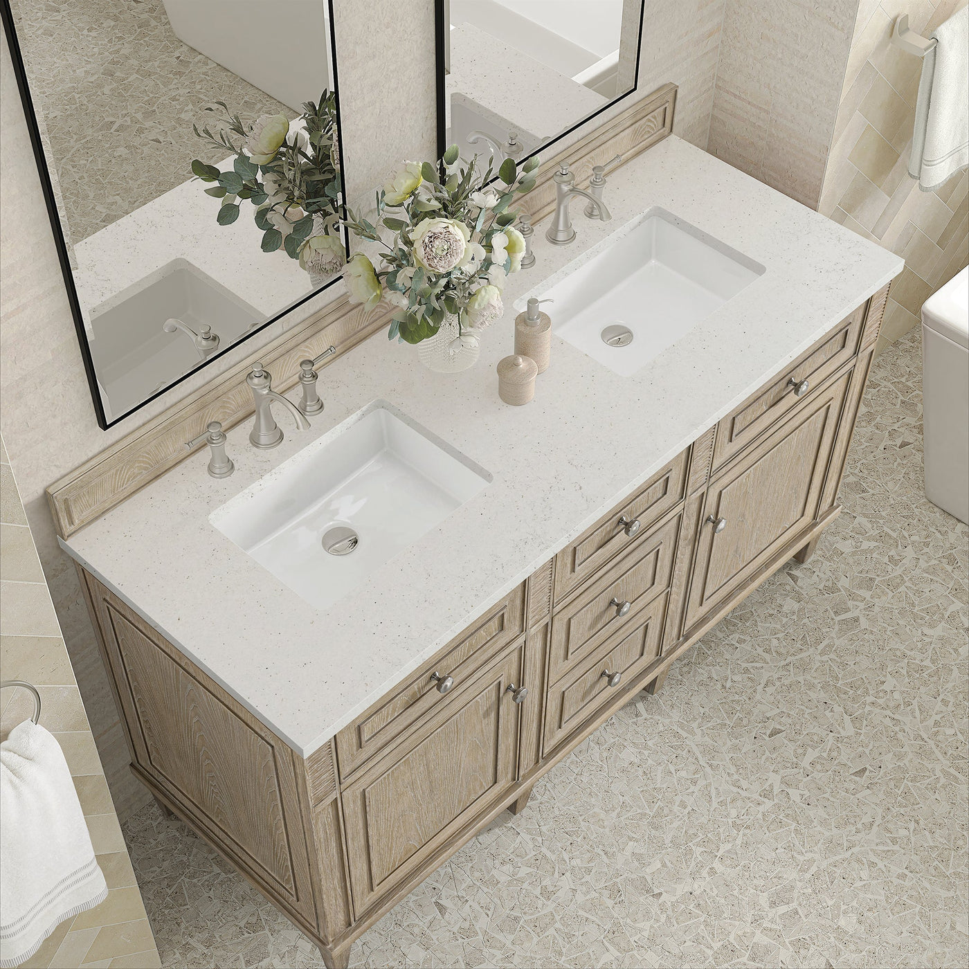 James Martin Lorelai 60" Double Bathroom Vanity, Whitewashed Oak with Lime Delight countertop