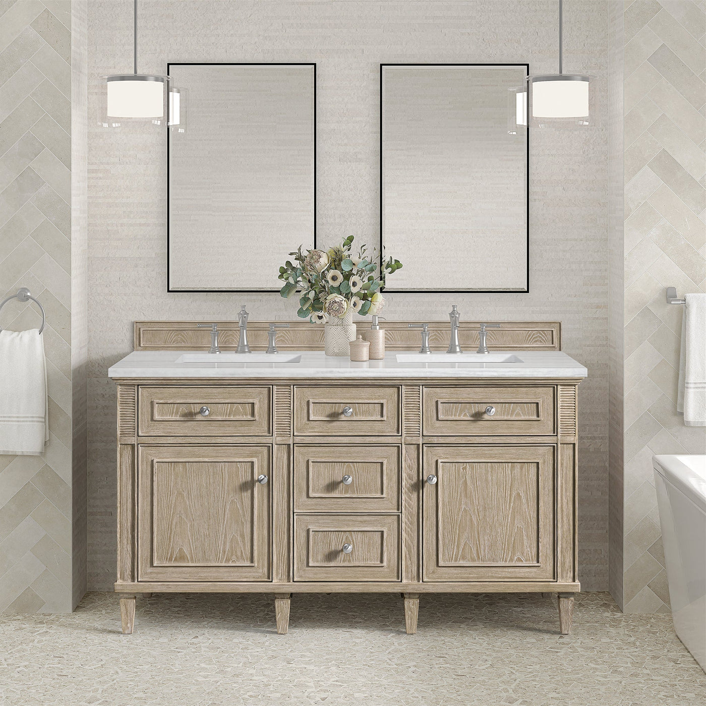 James Martin Lorelai 60" Double Bathroom Vanity, Whitewashed Oak, cabinet without a countertop