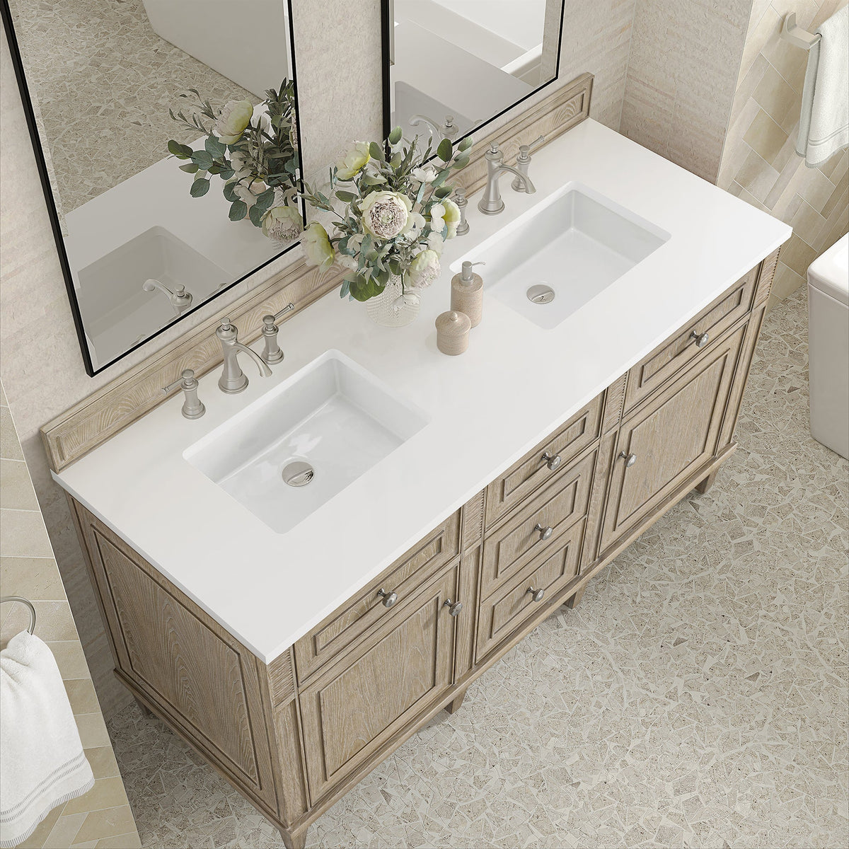 James Martin Lorelai 60" Double Bathroom Vanity, Whitewashed Oak with White Zeus countertop