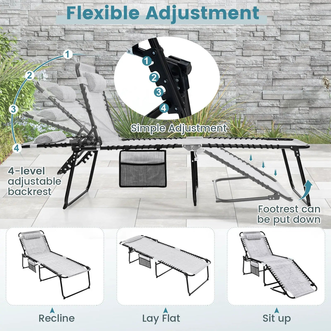 4 Position Folding Lounge Chaise with Adjustable Backrest and Footrest by DirectDeals