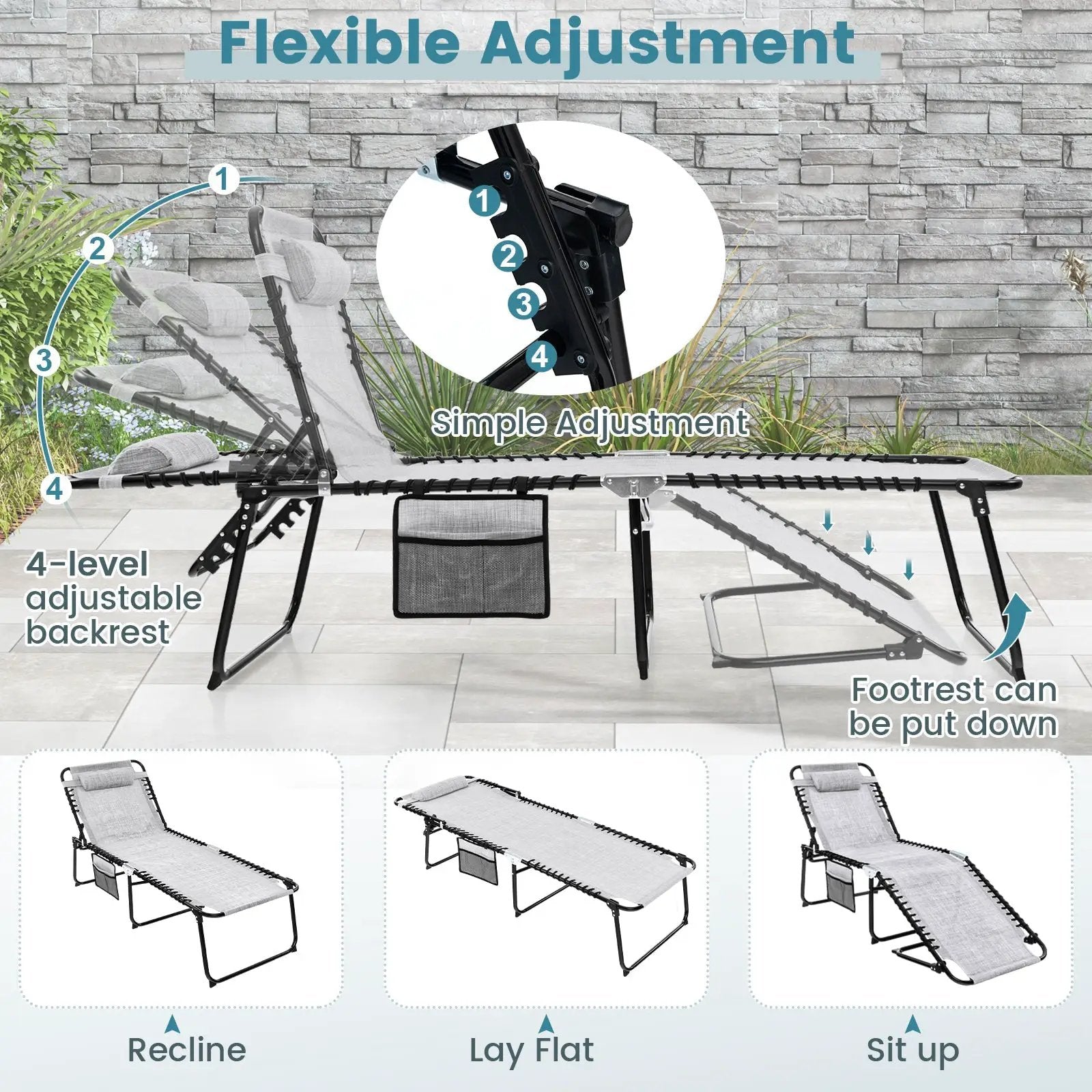 4 Position Folding Lounge Chaise with Adjustable Backrest and Footrest by DirectDeals