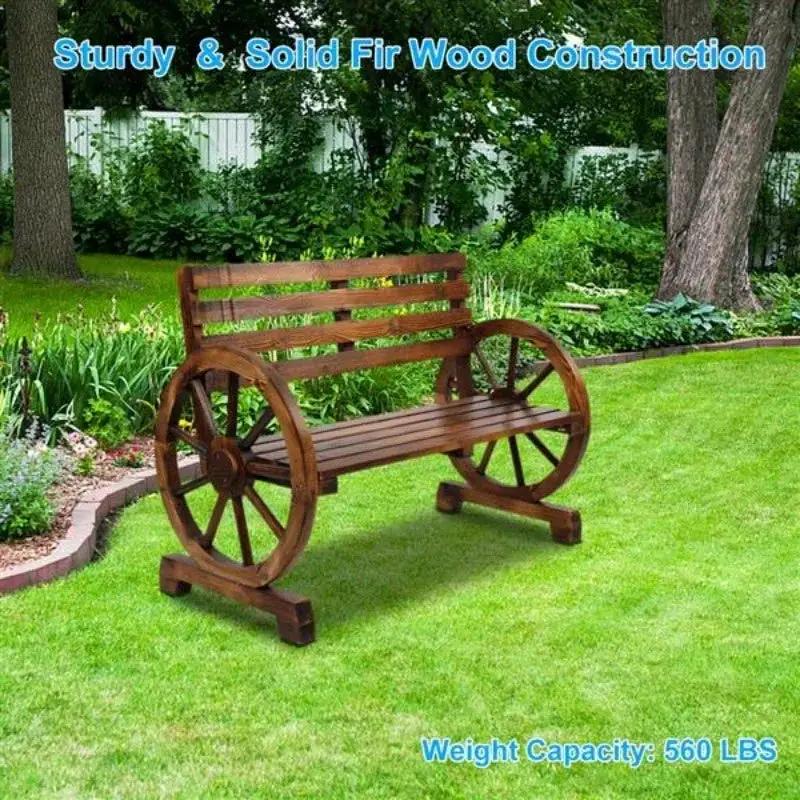 Rustic Wooden Wagon Wheel Garden Bench by House Of Avana