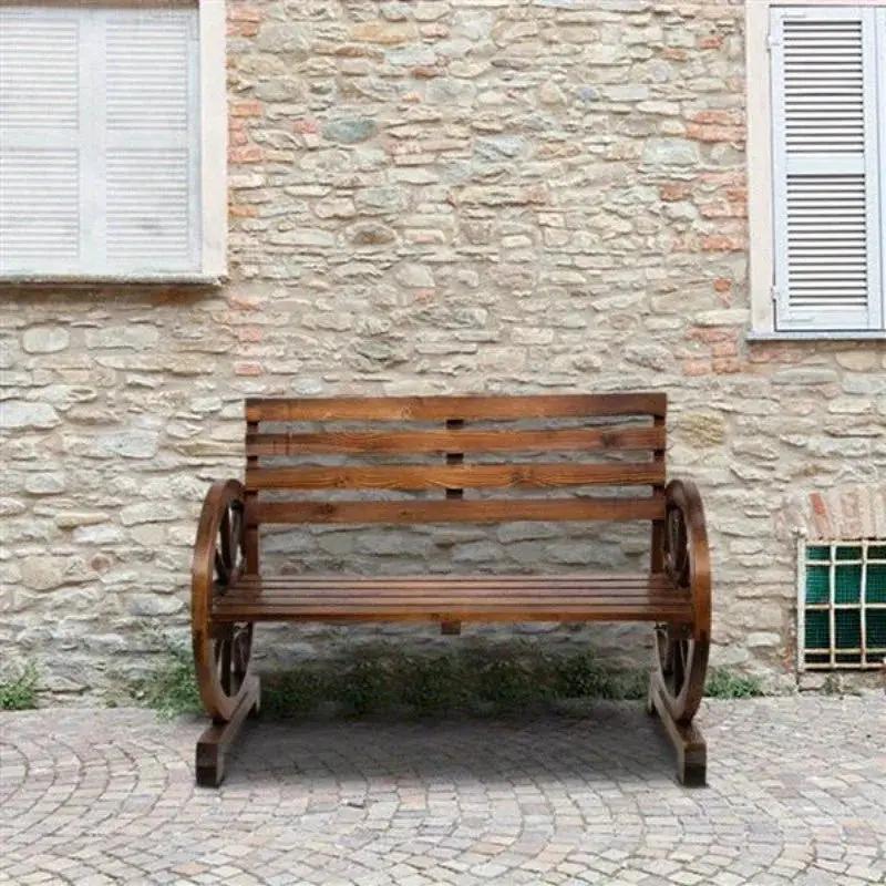 Rustic Wooden Wagon Wheel Garden Bench by House Of Avana