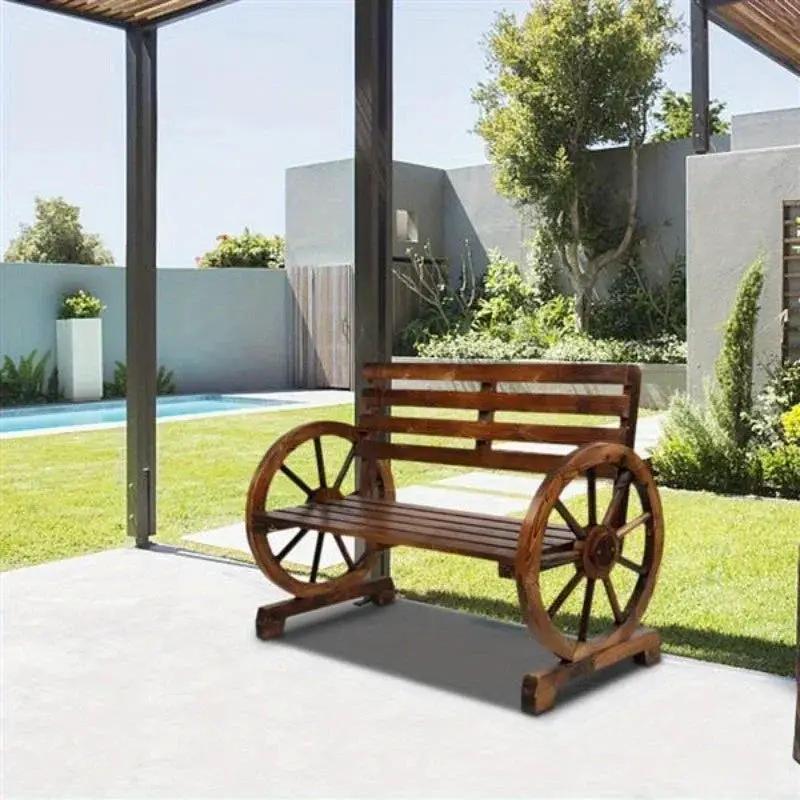 Rustic Wooden Wagon Wheel Garden Bench by House Of Avana