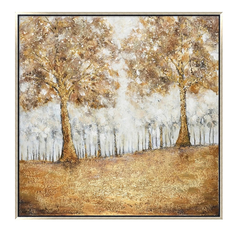 Hand Painted Acrylic Wall Art Golden Forrest on a 39 x 39 Square Canvas with a Champagne Wooden Frame by Sharicks