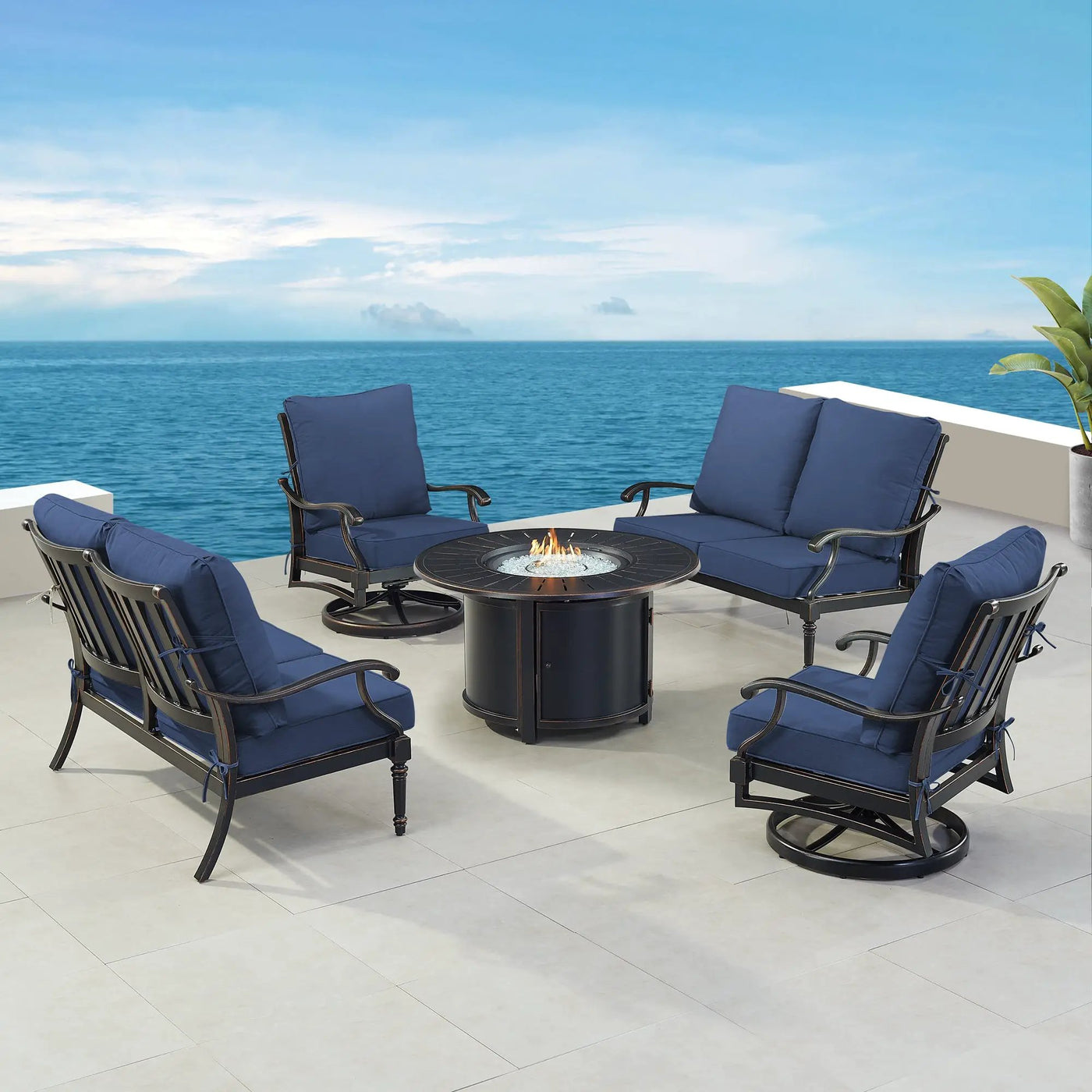Black Aluminum Fire Table Set with Two Loveseats and Two Club Chairs by Sharicks