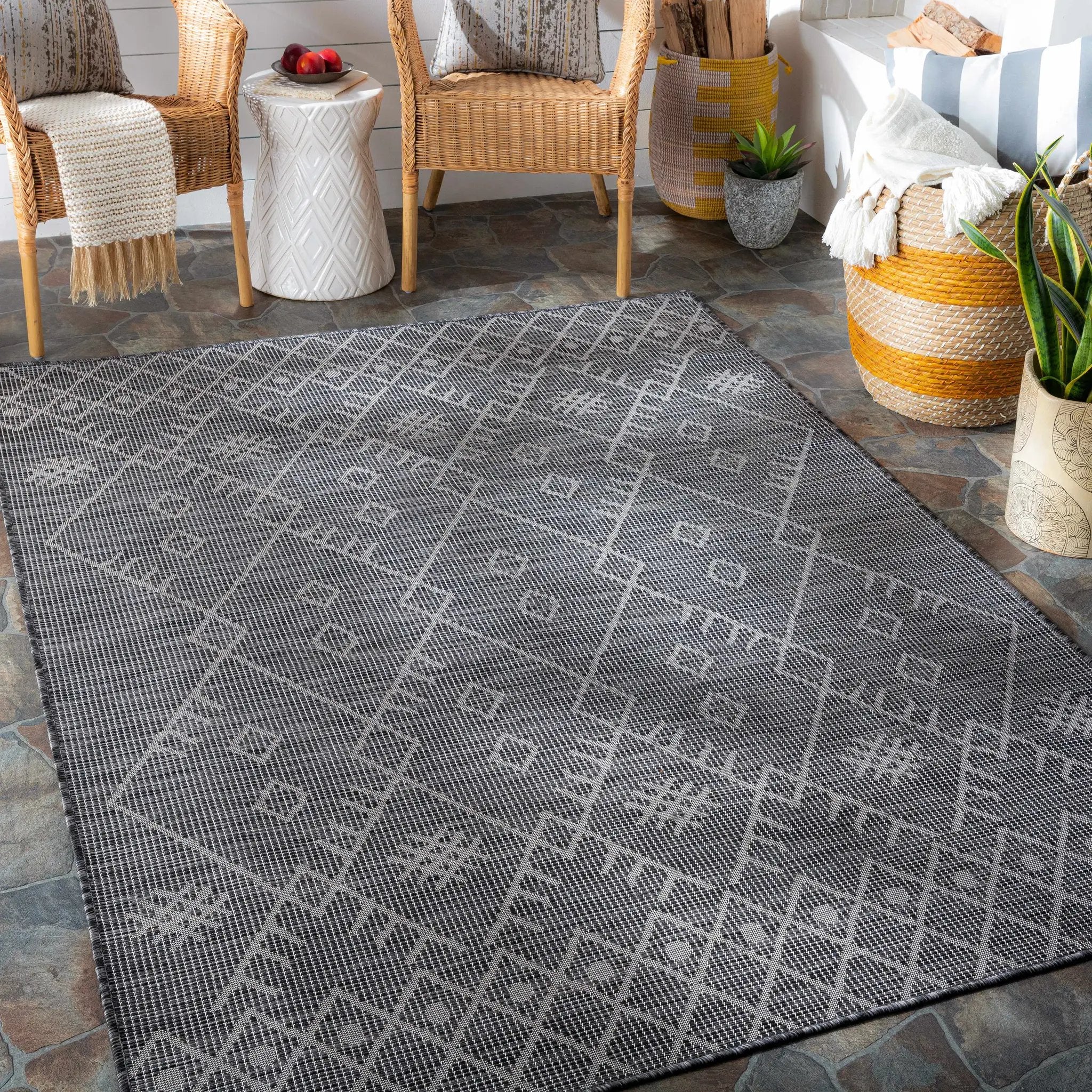 Lorena Charcoal Flatweave Trellis Outdoor Carpet - Clearance by Boutique Rugs
