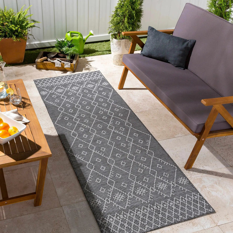 Lorena Charcoal Flatweave Trellis Outdoor Carpet - Clearance by Boutique Rugs