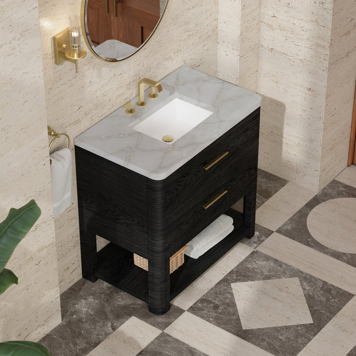 James Martin Lucian 36" Single Bathroom Vanity, Carbon Oak with Victorian Silver (Widespread) countertop