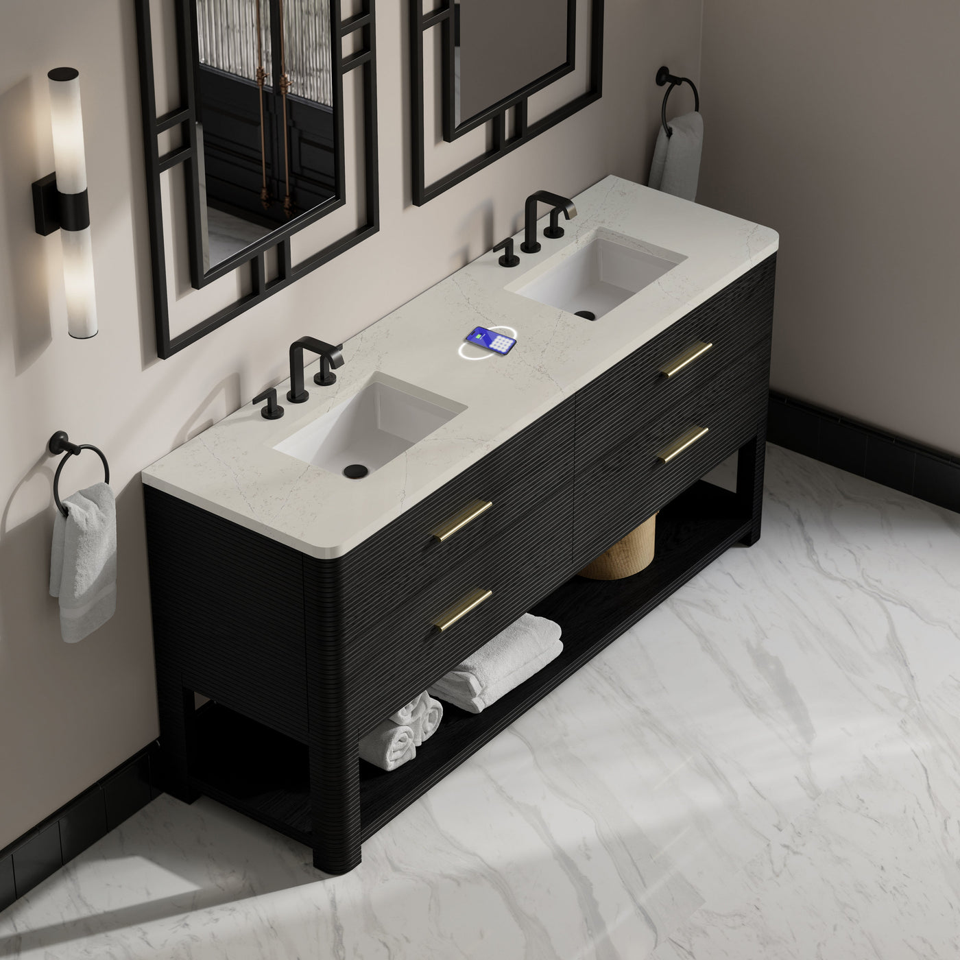 James Martin Lucian 72" Double Bathroom Vanity, Carbon Oak with Siberian (FreePower) countertop