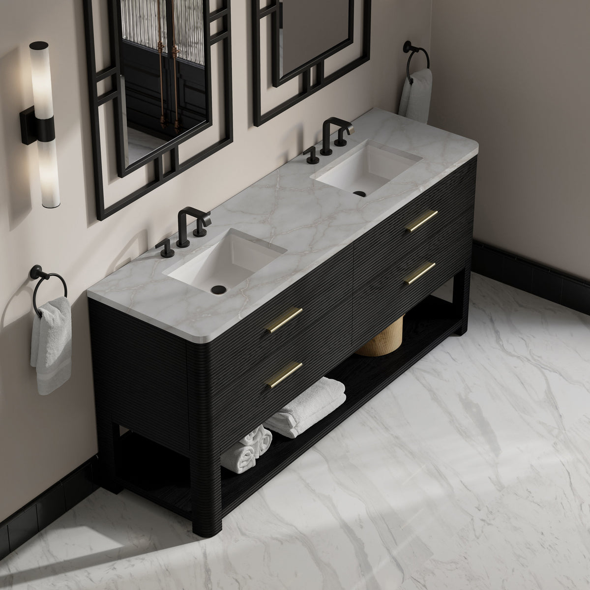 James Martin Lucian 72" Double Bathroom Vanity, Carbon Oak with Victorian Silver (Widespread) countertop