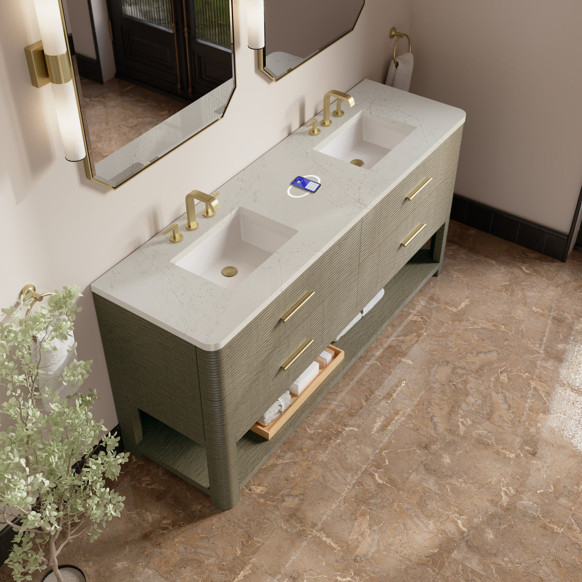 James Martin Lucian 72" Double Bathroom Vanity, Pebble Oak with Siberian (FreePower) countertop