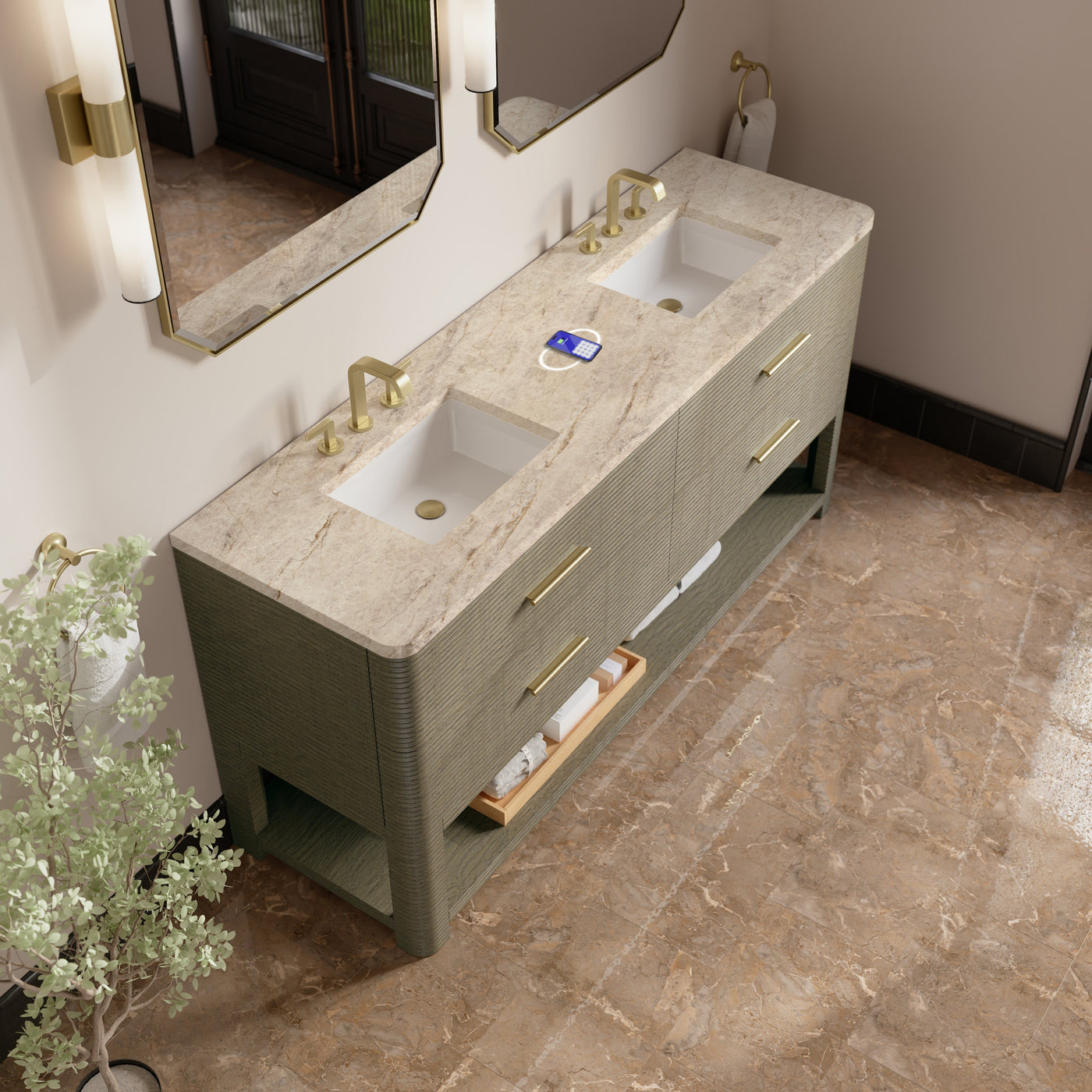 James Martin Lucian 72" Double Bathroom Vanity, Pebble Oak with Tajnar (FreePower) countertop