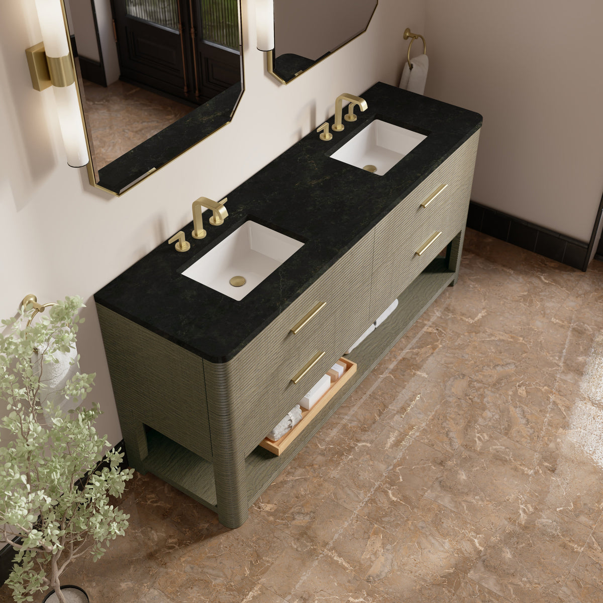 James Martin Lucian 72" Double Bathroom Vanity, Pebble Oak with Phantome countertop