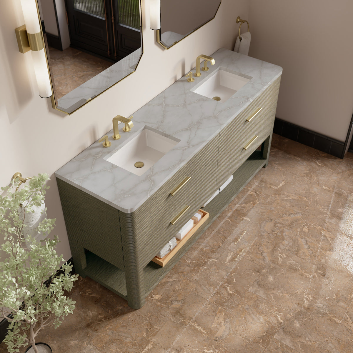James Martin Lucian 72" Double Bathroom Vanity, Pebble Oak with Victorian Silver (Widespread) countertop