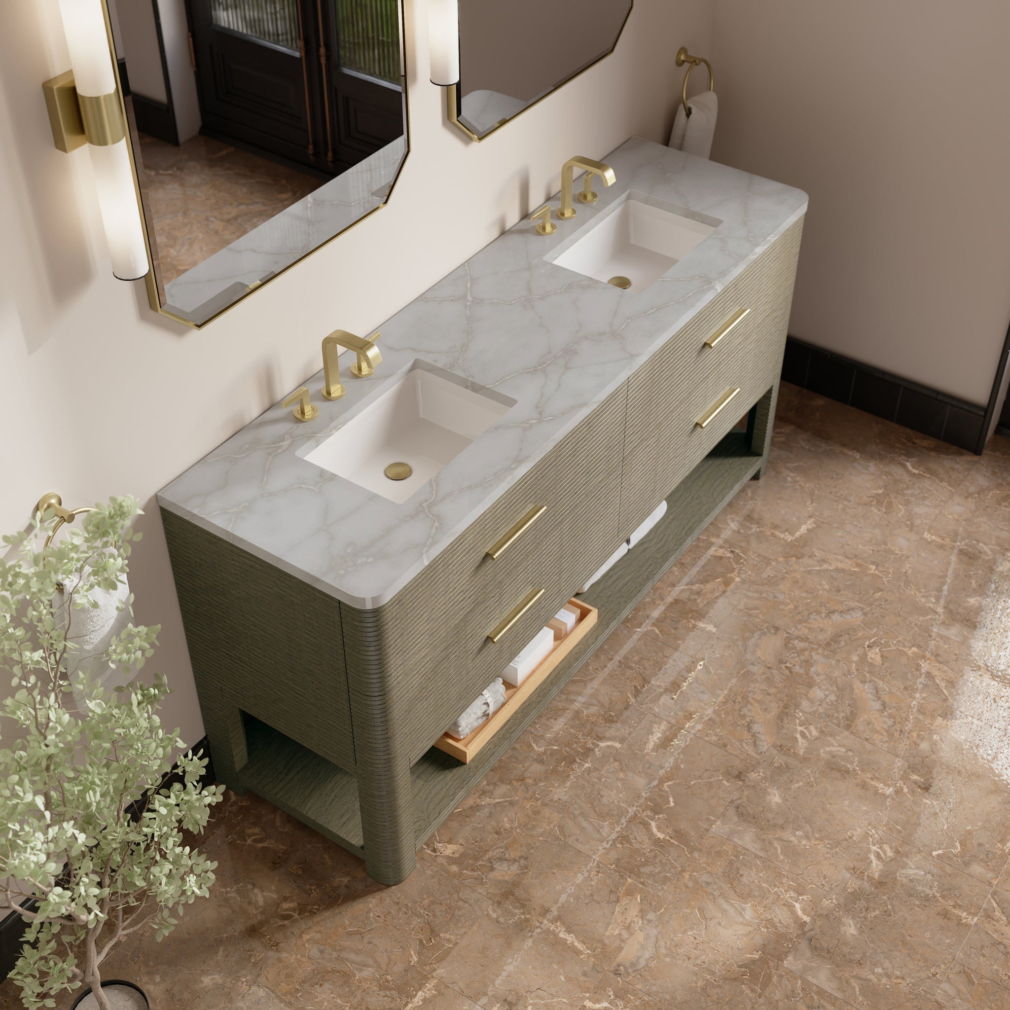 James Martin Lucian 72" Double Bathroom Vanity, Pebble Oak with Victorian Silver (Widespread) countertop