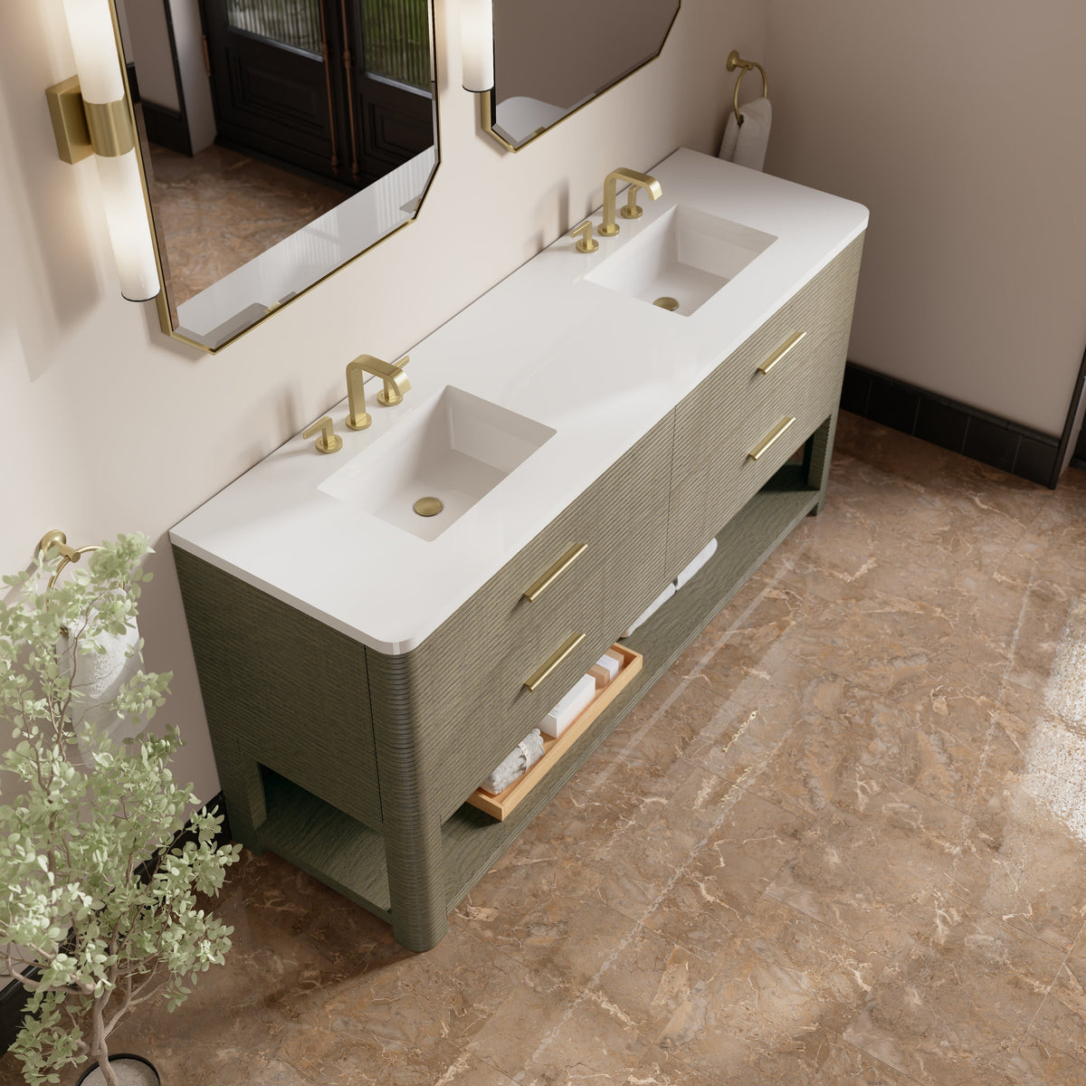 James Martin Lucian 72" Double Bathroom Vanity, Pebble Oak with White Zeus (Widespread) countertop