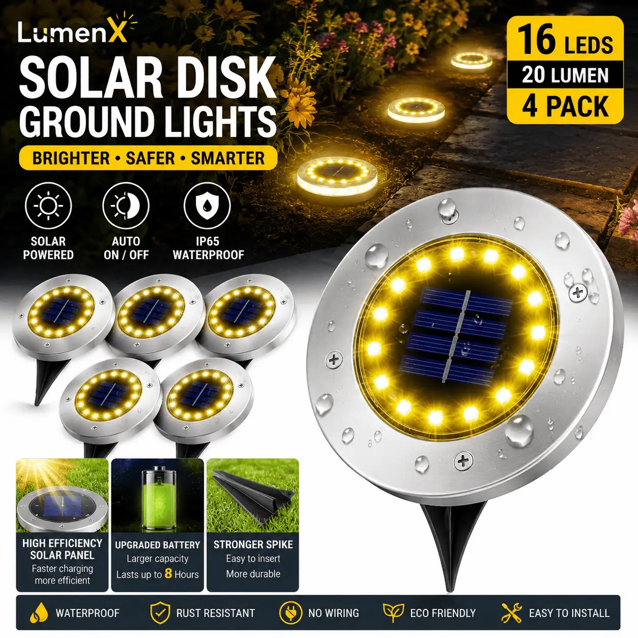 LumenX Solar Garden Disk Lights 16LED Solar Ground Lights Underground Lights,4 Pack-20 Lumen by Outdoor Solar Outlet