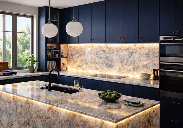 Lumine Bleu Cristallo Polished Quartzite Slab Random room scene