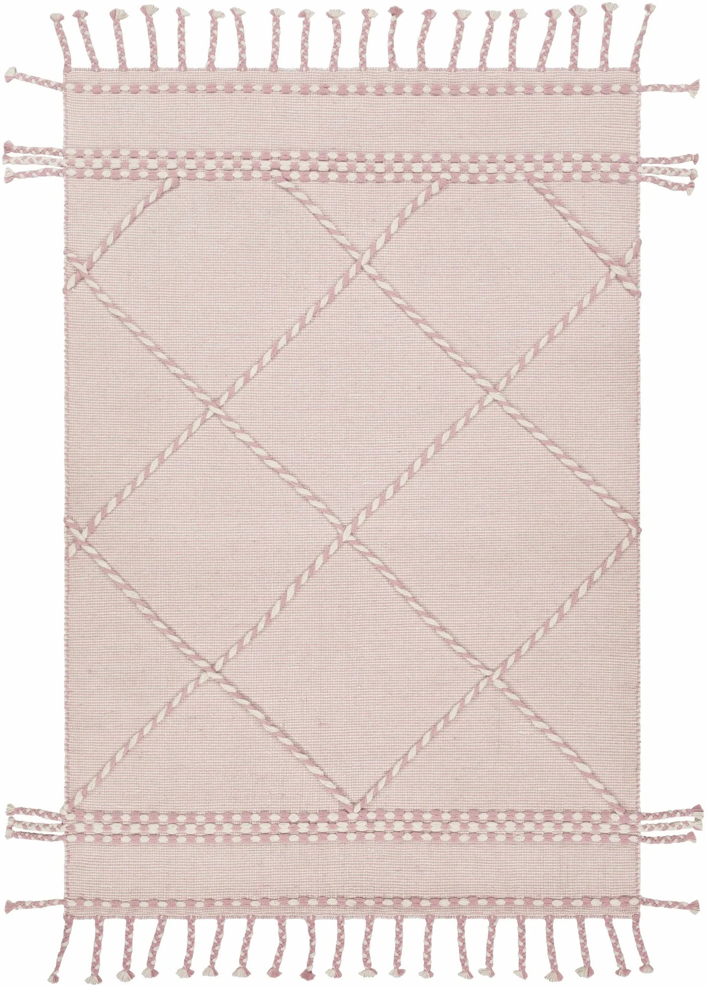 Lupton Pink Trellis Wool Rug with tassels - Clearance by Boutique Rugs