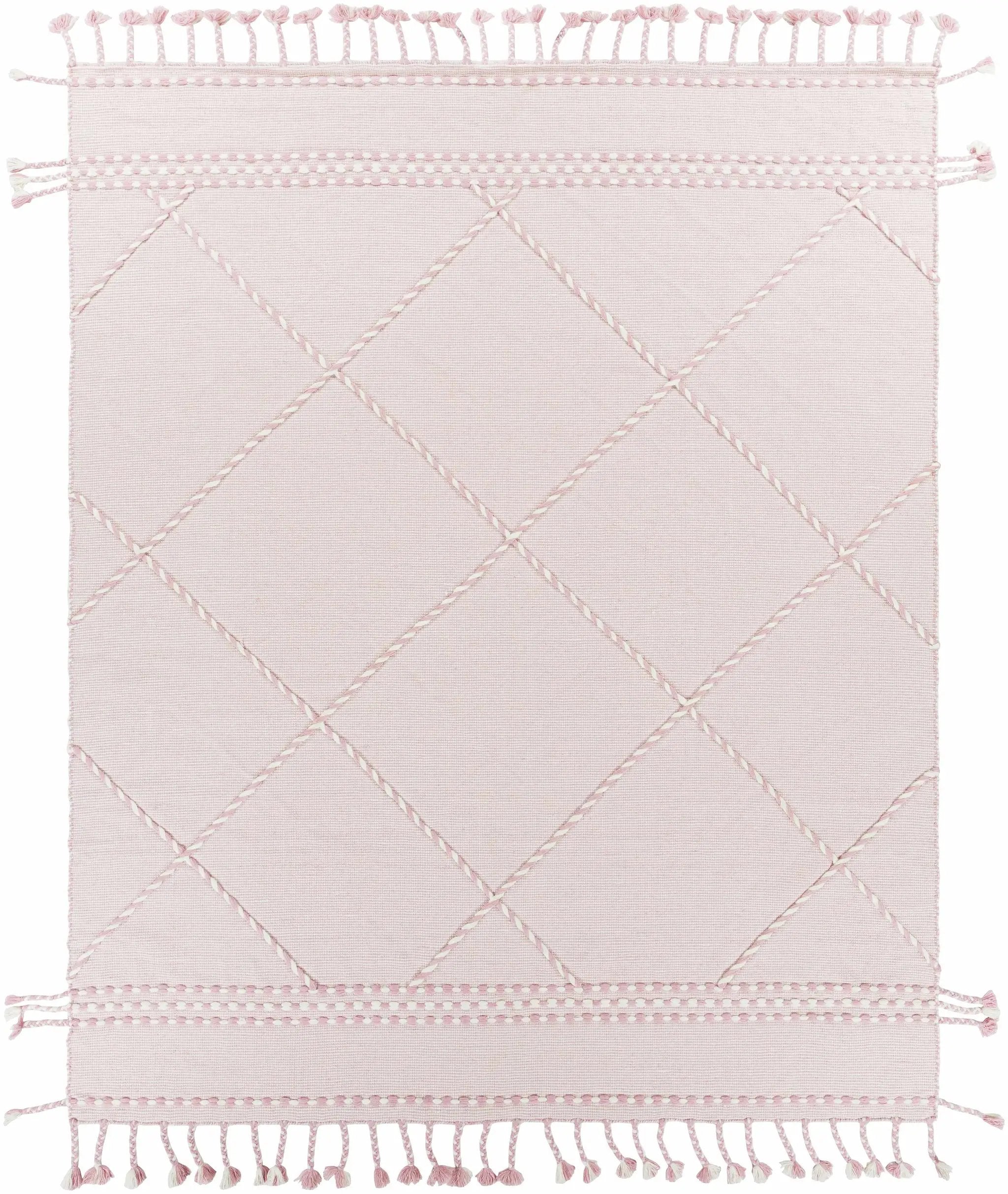 Lupton Pink Trellis Wool Rug with tassels - Clearance by Boutique Rugs