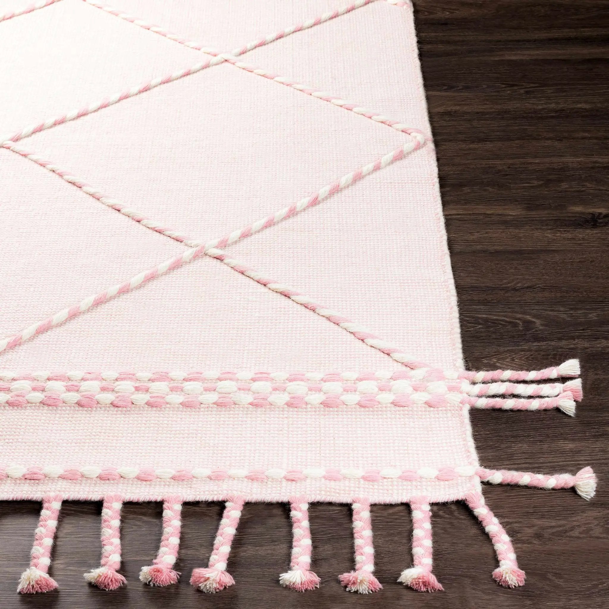 Lupton Pink Trellis Wool Rug with tassels - Clearance by Boutique Rugs