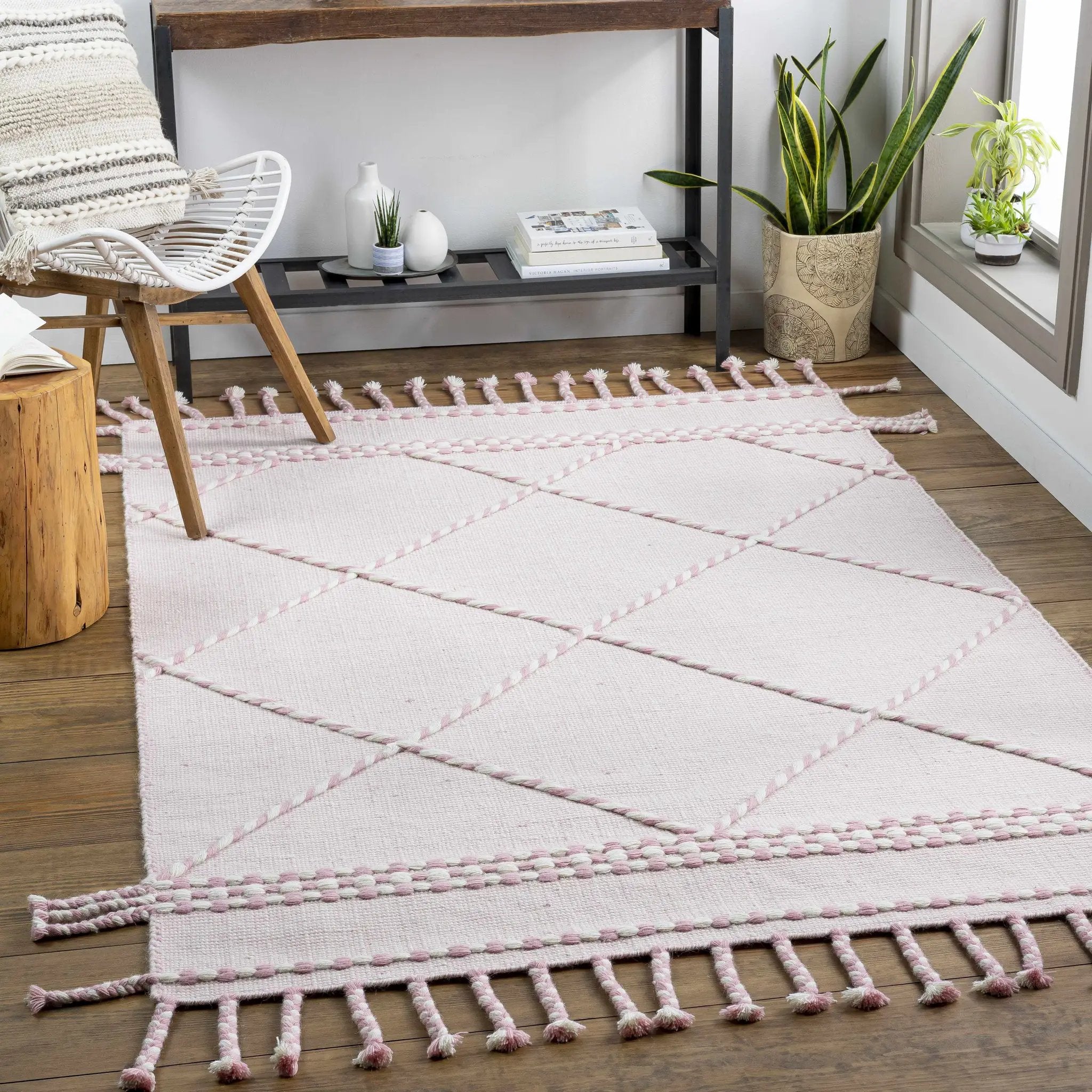 Lupton Pink Trellis Wool Rug with tassels - Clearance by Boutique Rugs