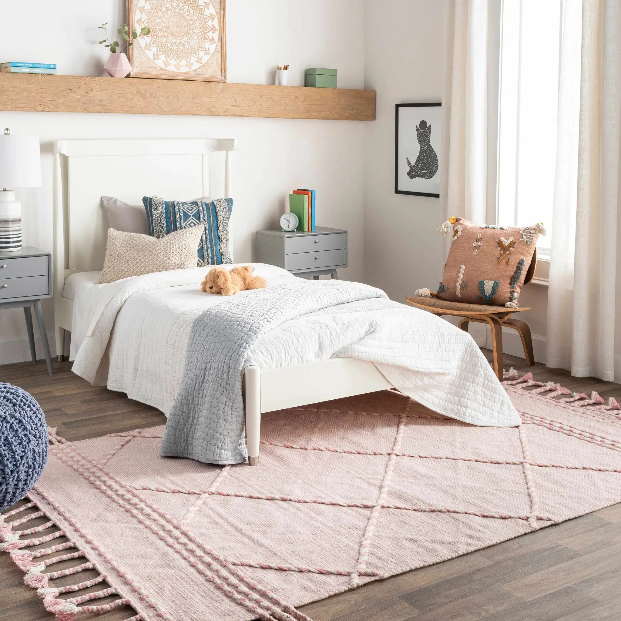 Lupton Pink Trellis Wool Rug with tassels - Clearance by Boutique Rugs