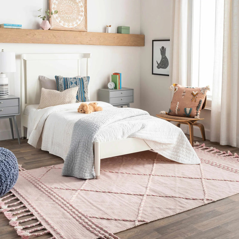 Lupton Pink Trellis Wool Rug with tassels - Clearance by Boutique Rugs