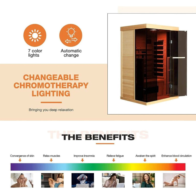 Thermora Valen Luxury 2000W 2-Person Low EMF FAR Infrared Heat Wood Home Personal Spa Sauna W/ Panoramic Tempered Glass (SAK27481) by SAKSBY WHOLESALE