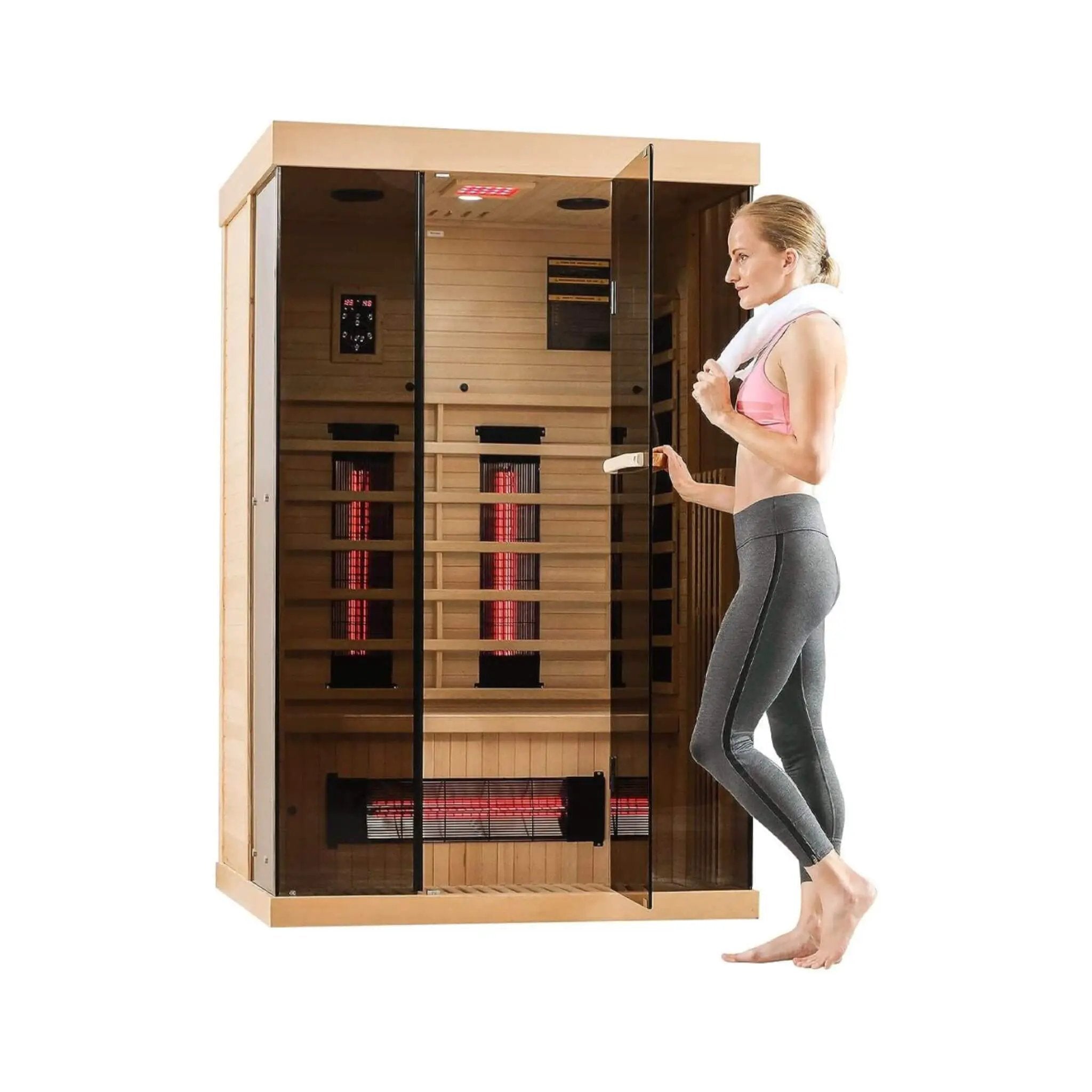 Thermora Valen Luxury 2000W 2-Person Low EMF FAR Infrared Heat Wood Home Personal Spa Sauna W/ Panoramic Tempered Glass (SAK27481) by SAKSBY WHOLESALE
