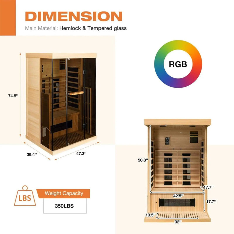 Thermora Valen Luxury 2000W 2-Person Low EMF FAR Infrared Heat Wood Home Personal Spa Sauna W/ Panoramic Tempered Glass (SAK27481) by SAKSBY WHOLESALE