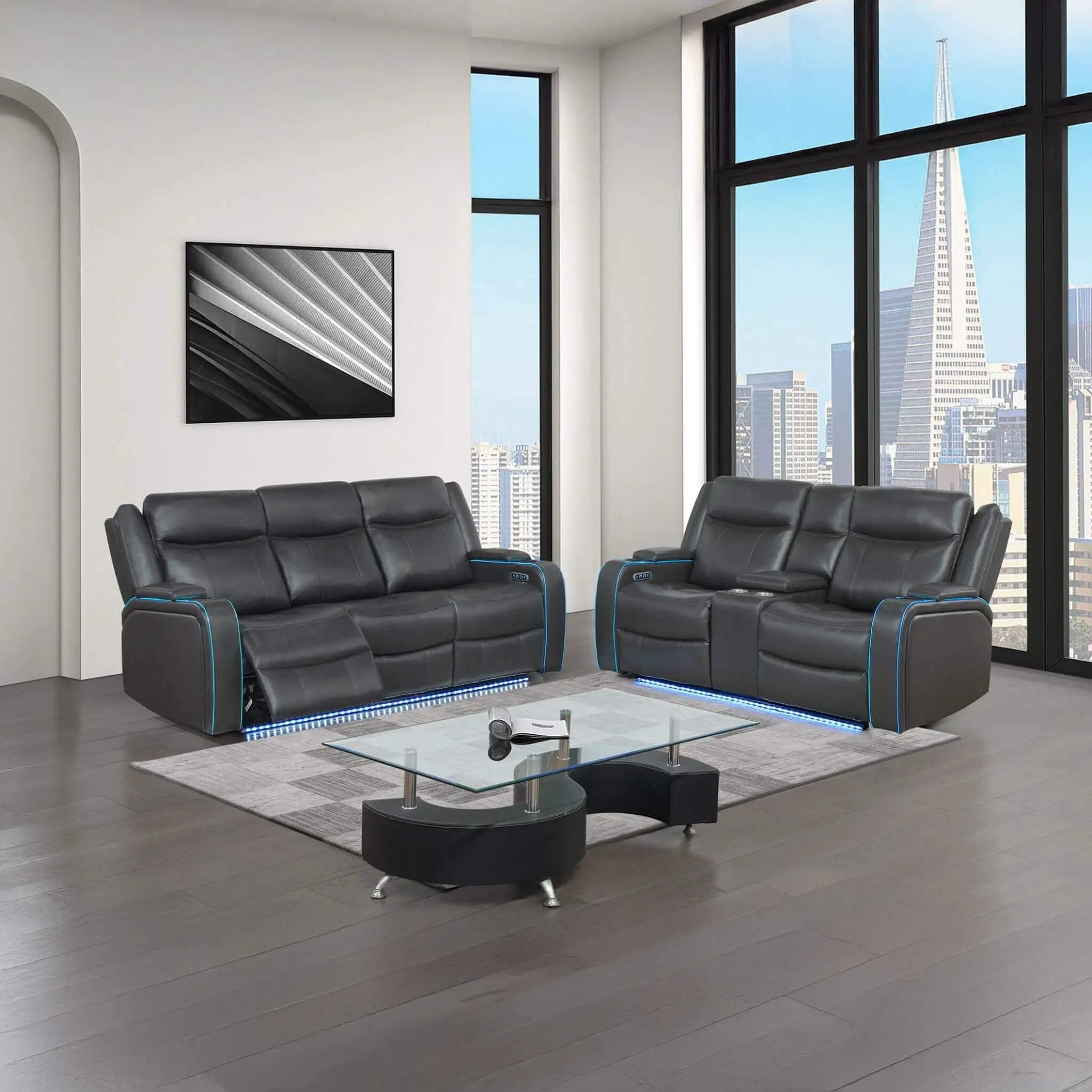 Nuvia Luxury 84-Inch Home Theater Power Reclining Sofa With LED Lights And Power Headrest (SAK83195) by SAKSBY WHOLESALE