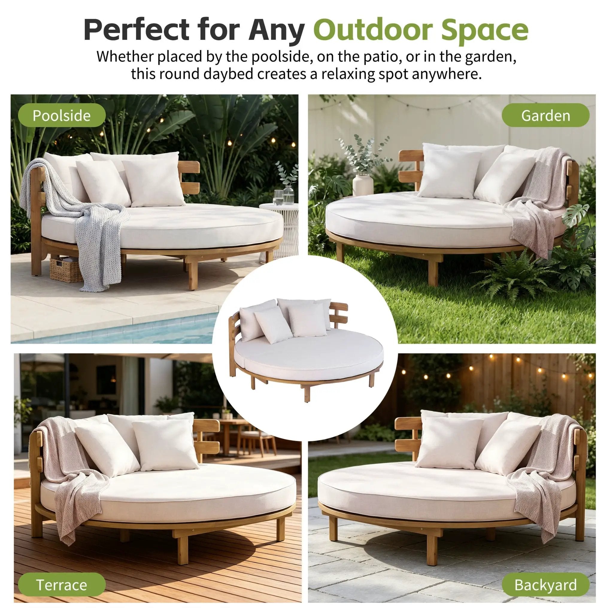 Alora Luxury Outdoor Acacia Wood Round Daybed With Cushions And Pillows (SAK40613) by SAKSBY WHOLESALE