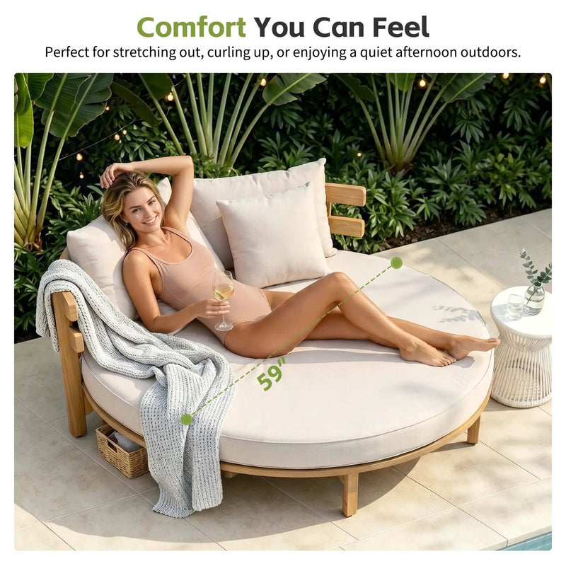 Alora Luxury Outdoor Acacia Wood Round Daybed With Cushions And Pillows (SAK40613) by SAKSBY WHOLESALE