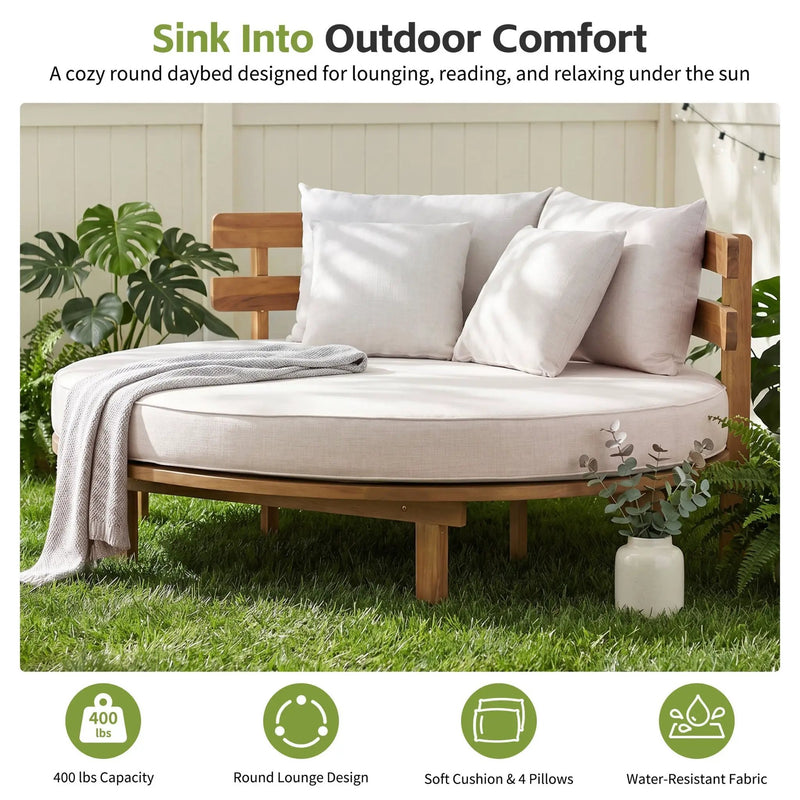 Alora Luxury Outdoor Acacia Wood Round Daybed With Cushions And Pillows (SAK40613) by SAKSBY WHOLESALE