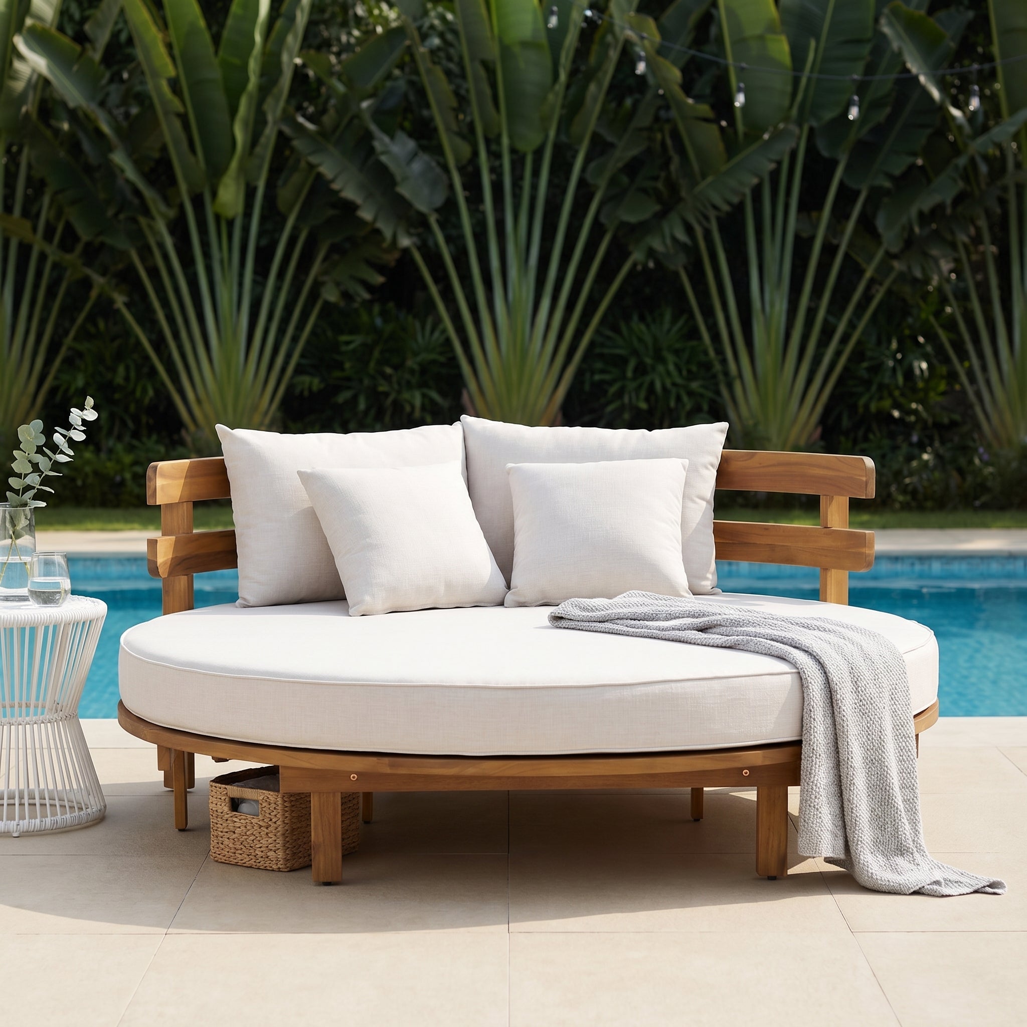 Alora Luxury Outdoor Acacia Wood Round Daybed With Cushions And Pillows (SAK40613) by SAKSBY WHOLESALE