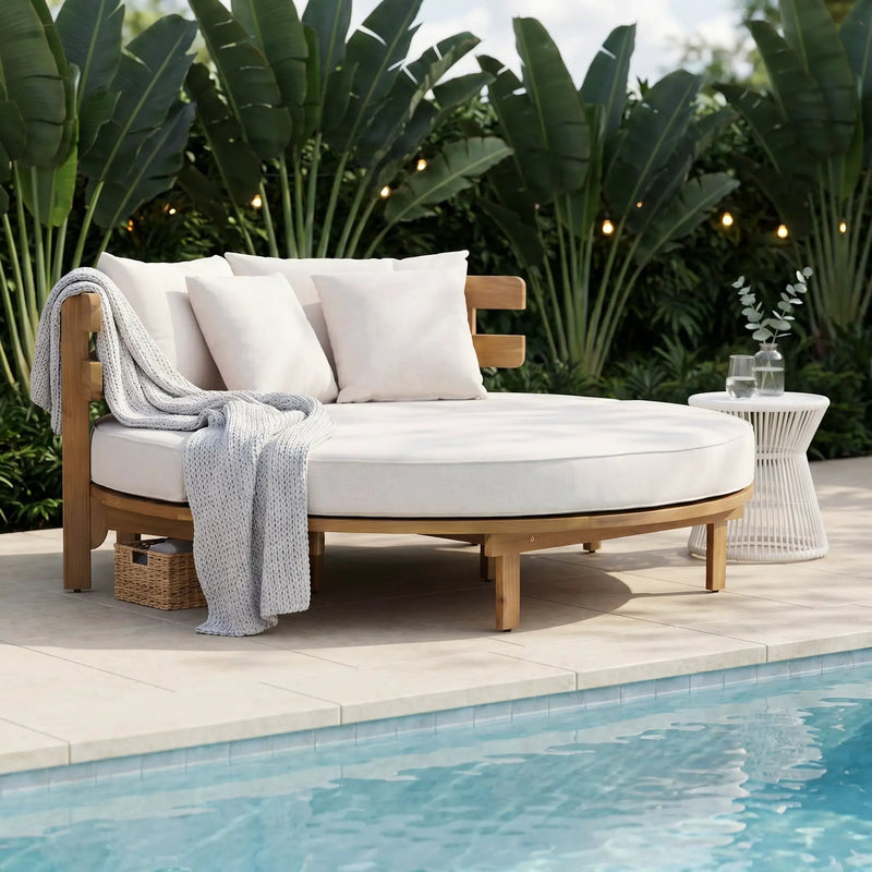 Alora Luxury Outdoor Acacia Wood Round Daybed With Cushions And Pillows (SAK40613) by SAKSBY WHOLESALE