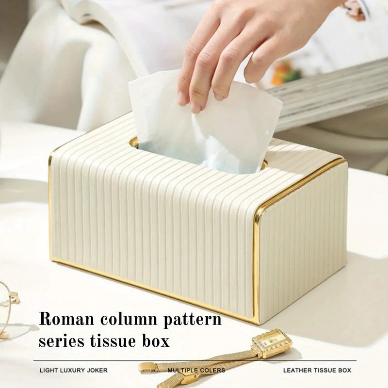 [Luxury Tissue Box Cover] Premium Faux Leather 1-Pack Striped Tissue Box Cover | Dual-Purpose for Dining Table & Home Decor, Golden Accents, Holds Standard Tissues, Modern Luxury Design for Living Room, Office, Hotel by House Of Avana
