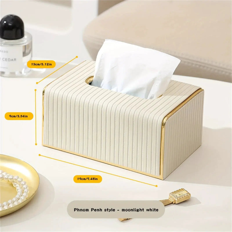 [Luxury Tissue Box Cover] Premium Faux Leather 1-Pack Striped Tissue Box Cover | Dual-Purpose for Dining Table & Home Decor, Golden Accents, Holds Standard Tissues, Modern Luxury Design for Living Room, Office, Hotel by House Of Avana