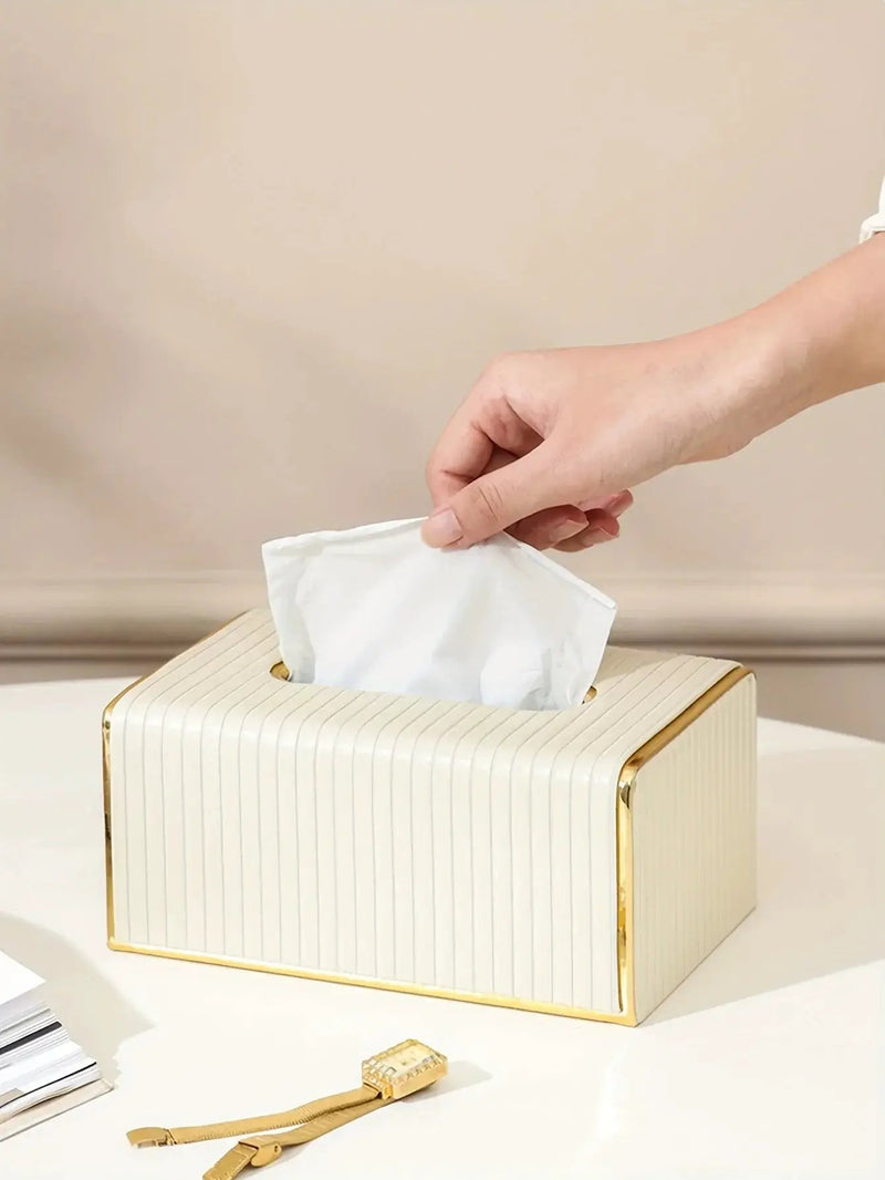 [Luxury Tissue Box Cover] Premium Faux Leather 1-Pack Striped Tissue Box Cover | Dual-Purpose for Dining Table & Home Decor, Golden Accents, Holds Standard Tissues, Modern Luxury Design for Living Room, Office, Hotel by House Of Avana