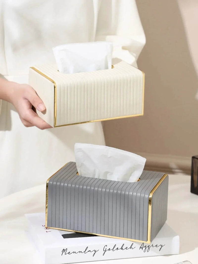 [Luxury Tissue Box Cover] Premium Faux Leather 1-Pack Striped Tissue Box Cover | Dual-Purpose for Dining Table & Home Decor, Golden Accents, Holds Standard Tissues, Modern Luxury Design for Living Room, Office, Hotel by House Of Avana