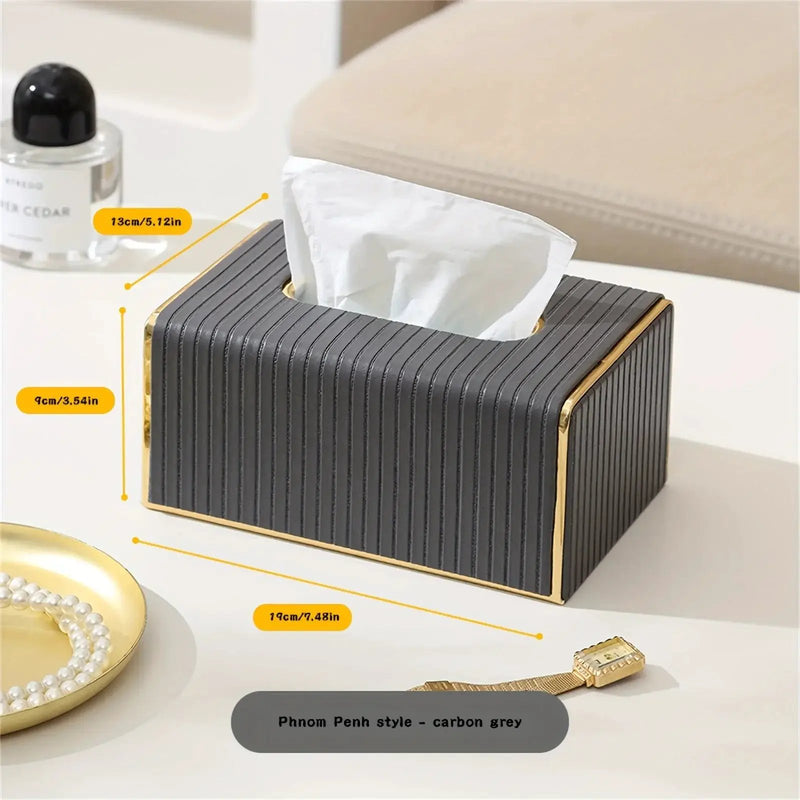 [Luxury Tissue Box Cover] Premium Faux Leather 1-Pack Striped Tissue Box Cover | Dual-Purpose for Dining Table & Home Decor, Golden Accents, Holds Standard Tissues, Modern Luxury Design for Living Room, Office, Hotel by House Of Avana