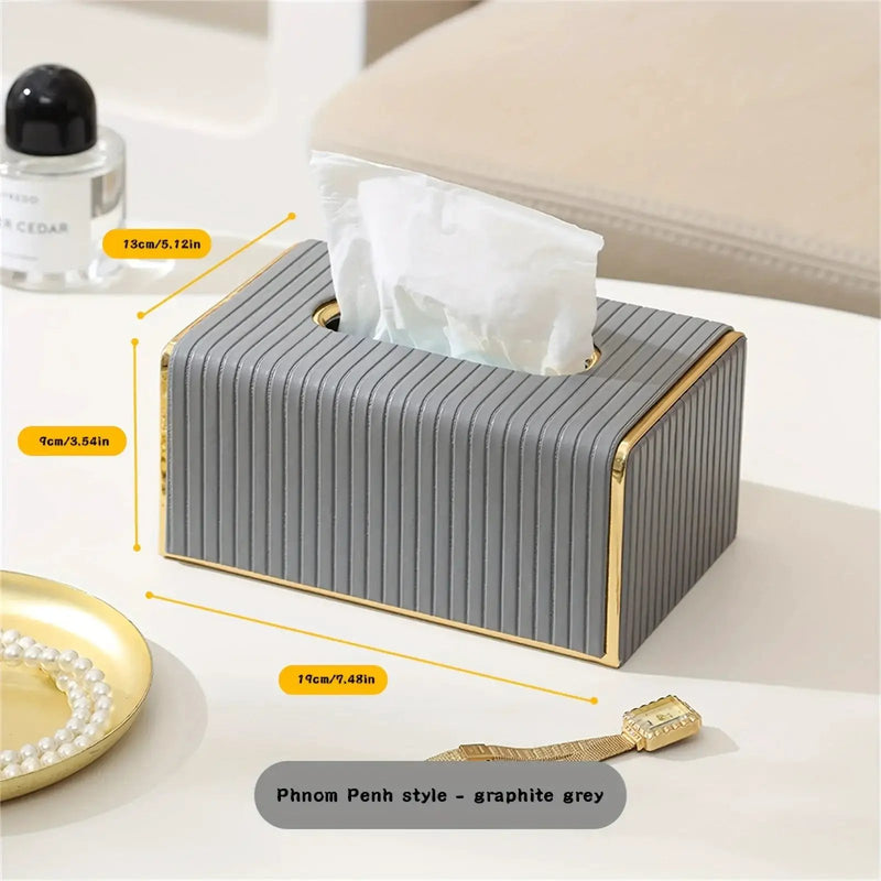 [Luxury Tissue Box Cover] Premium Faux Leather 1-Pack Striped Tissue Box Cover | Dual-Purpose for Dining Table & Home Decor, Golden Accents, Holds Standard Tissues, Modern Luxury Design for Living Room, Office, Hotel by House Of Avana