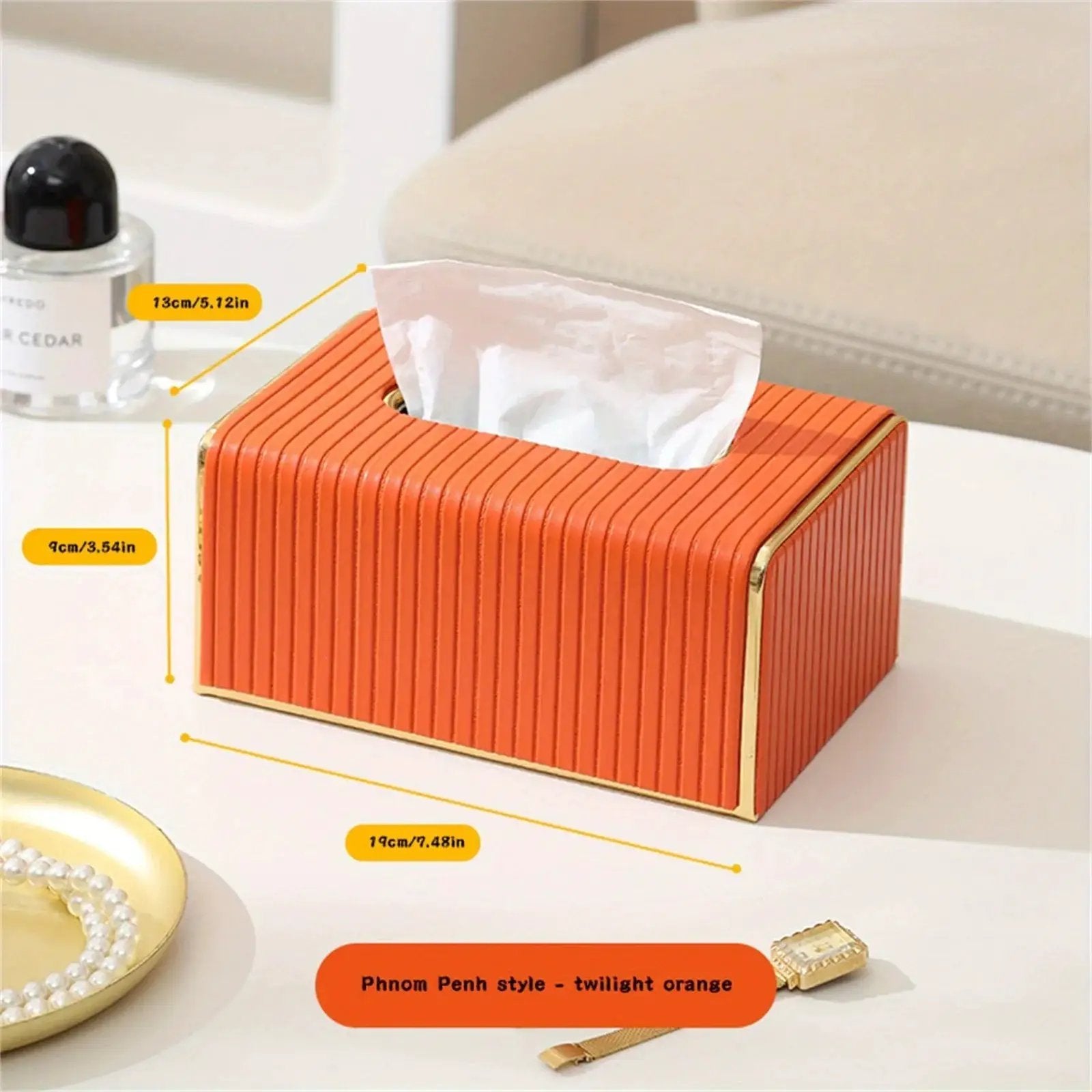 [Luxury Tissue Box Cover] Premium Faux Leather 1-Pack Striped Tissue Box Cover | Dual-Purpose for Dining Table & Home Decor, Golden Accents, Holds Standard Tissues, Modern Luxury Design for Living Room, Office, Hotel by House Of Avana