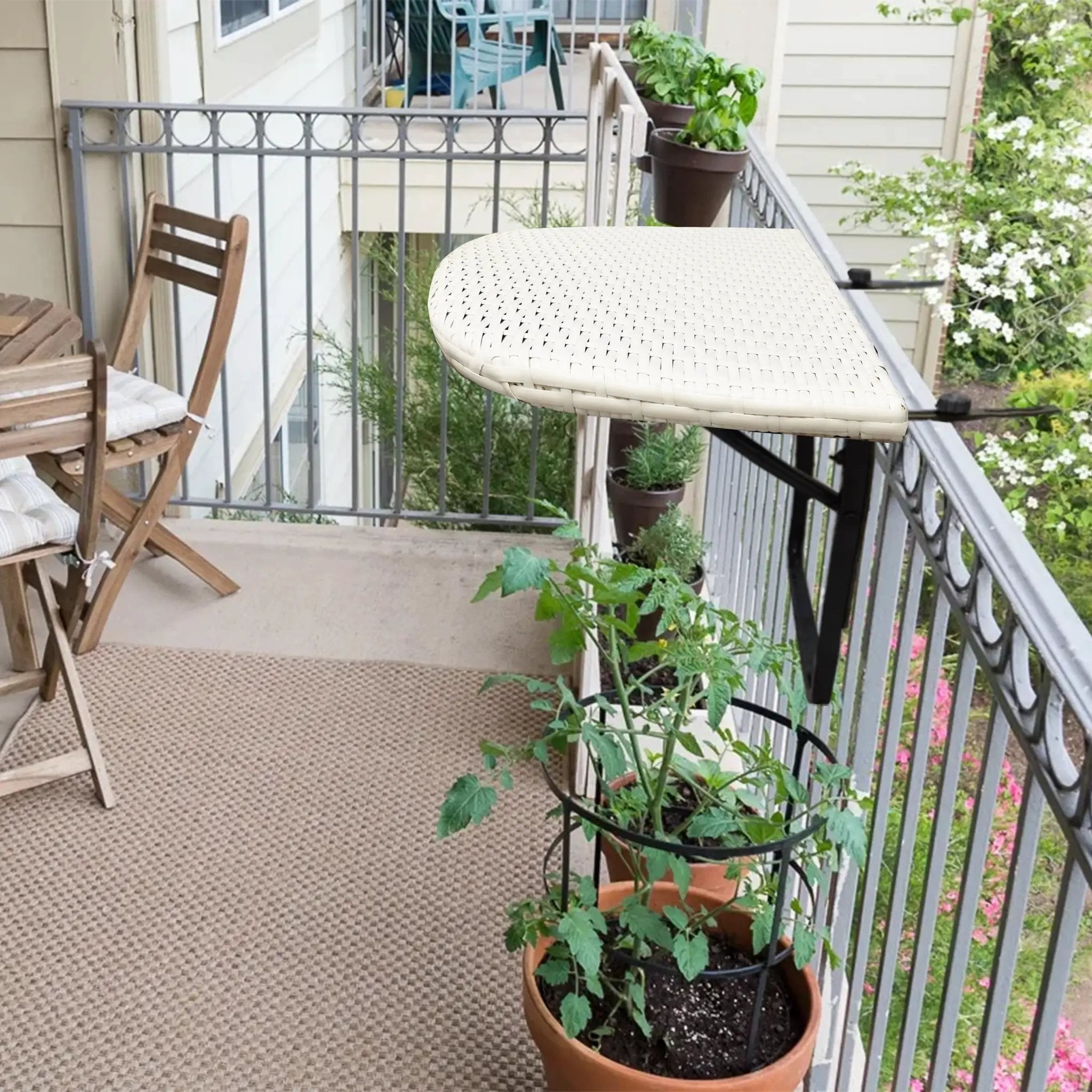 White Wicker Foldable Patio Balcony Table with Adjustable Clamps by Sharicks