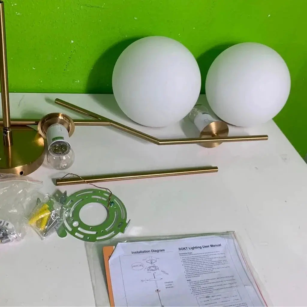 BOKT Mid Century Modern Kitchen Pendant Light 2-Lights Chandeliers Lighting Fixture, Golden with White Frosted Glass Globe Lampshade by Selzalot
