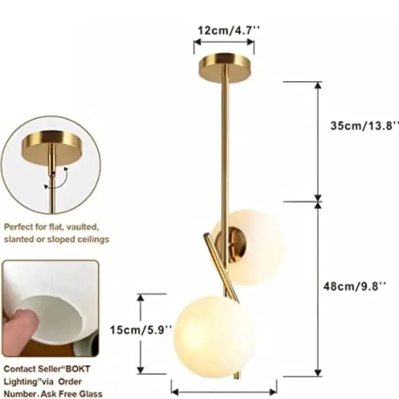 BOKT Mid Century Modern Kitchen Pendant Light 2-Lights Chandeliers Lighting Fixture, Golden with White Frosted Glass Globe Lampshade by Selzalot