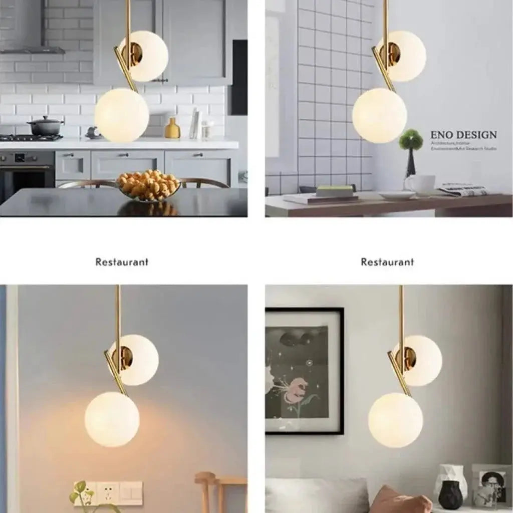 BOKT Mid Century Modern Kitchen Pendant Light 2-Lights Chandeliers Lighting Fixture, Golden with White Frosted Glass Globe Lampshade by Selzalot