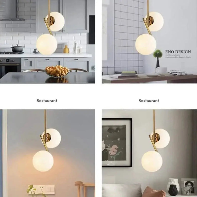 BOKT Mid Century Modern Kitchen Pendant Light 2-Lights Chandeliers Lighting Fixture, Golden with White Frosted Glass Globe Lampshade by Selzalot